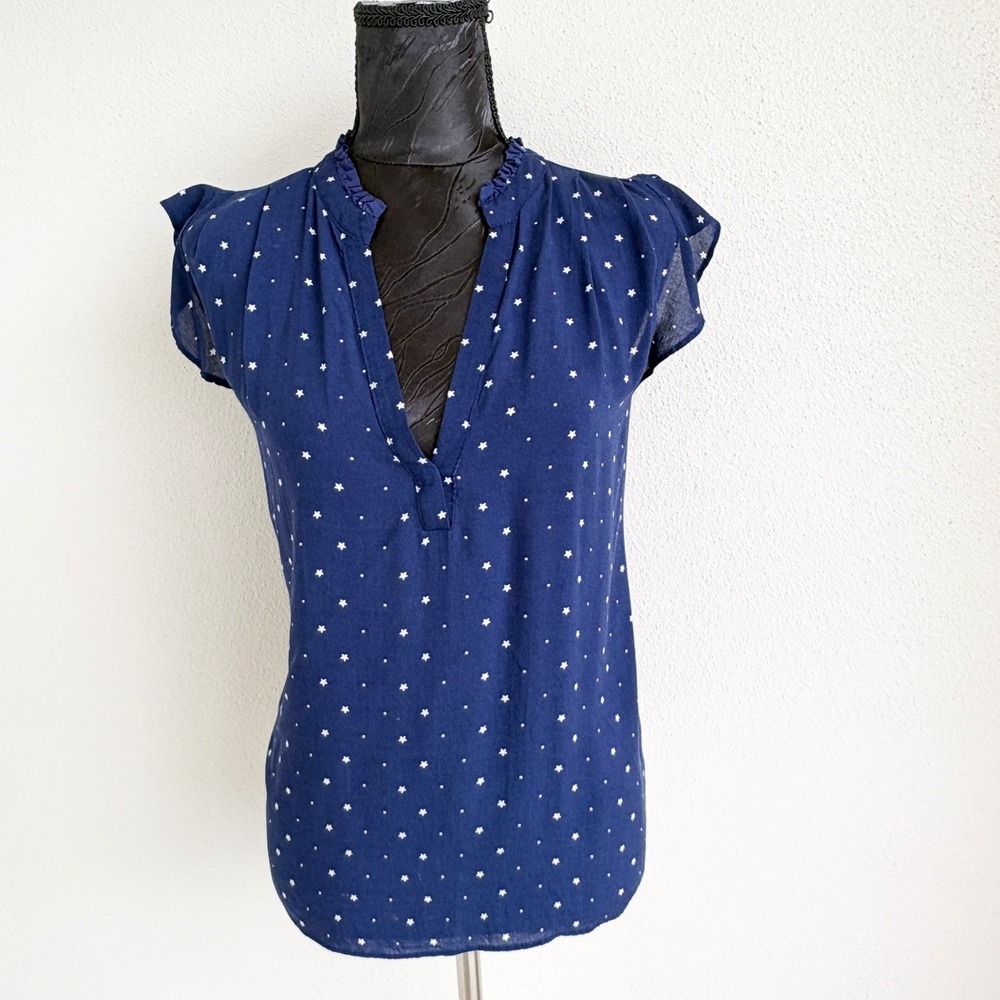Mango Blouse Star‎ Print Ruffle Neck Cap Sleeve, Womens 6 Blue